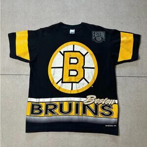 90s Vintage Boston Bruins Salem Black AOP T Shirt Size L
